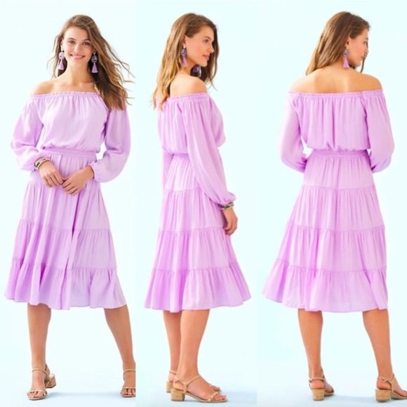 Lilly Pulitzer Jennie Midi Lilac Freesia Dress Purple Dot Dot Off the Shoulder S - Picture 5 of 16